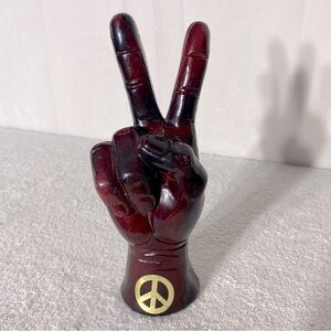 Vintage Burgundy Plastic Peace Sign Hand Sculpture